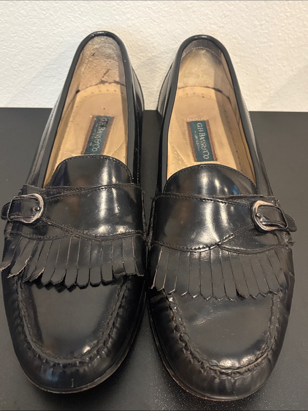 Vintage G.H. Bass & Co. Black Leather Kiltie Monk Strap Loafers
Size 13